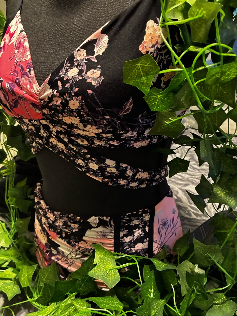 #390| (10)SeafollyFloral High-Waist Bikini Set in Black & Pink